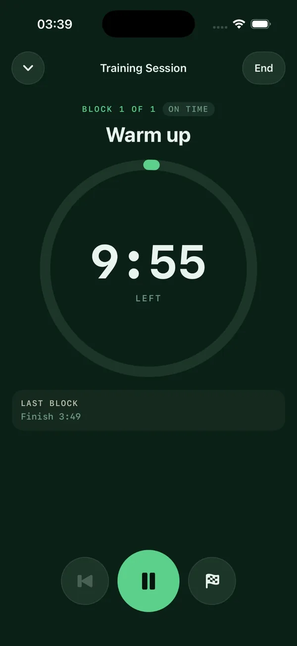 The session timer running a warm-up block, with 9:55 left, the session on time, and pause and finish buttons.