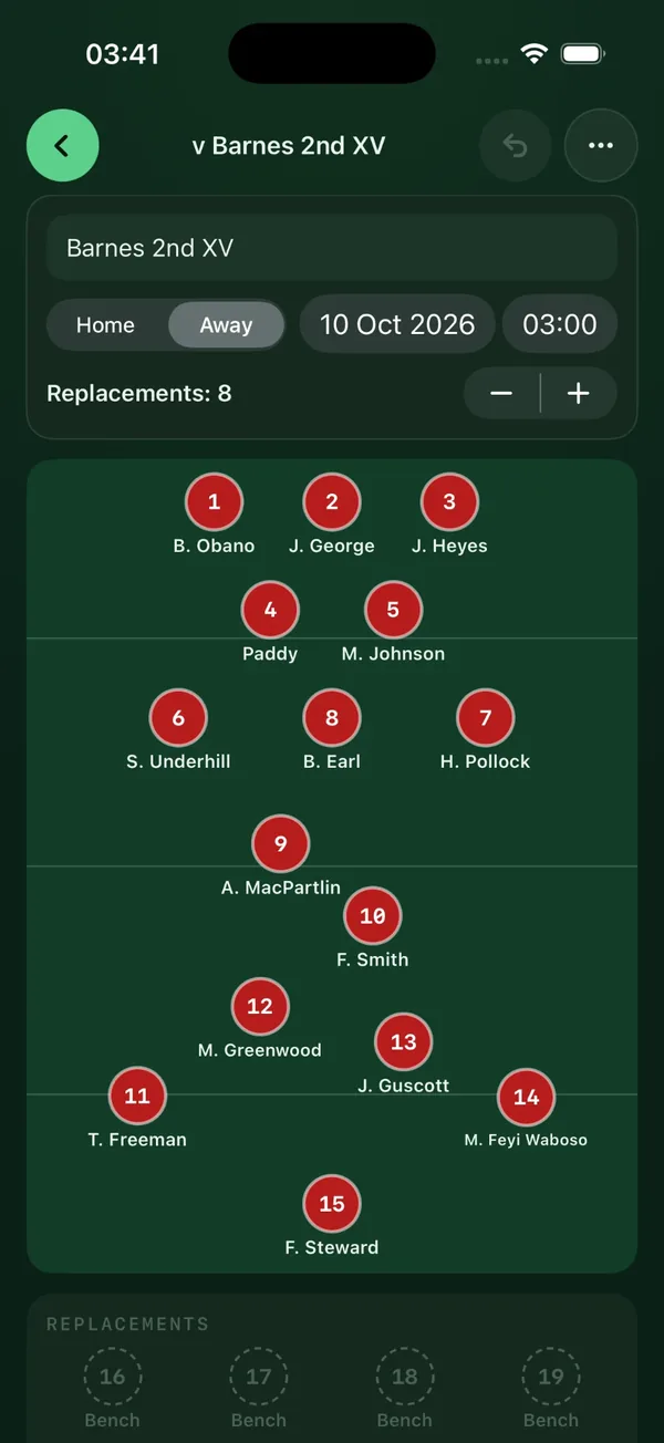 A team sheet in the app: fifteen numbered red shirts in position on a pitch, each with a player's name, for a match against Barnes 2nd XV.