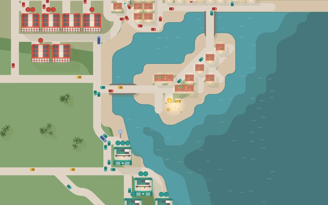 Rio in Multi Modal — a bay cutting into the map, with a road threading the headland between beach and hills.