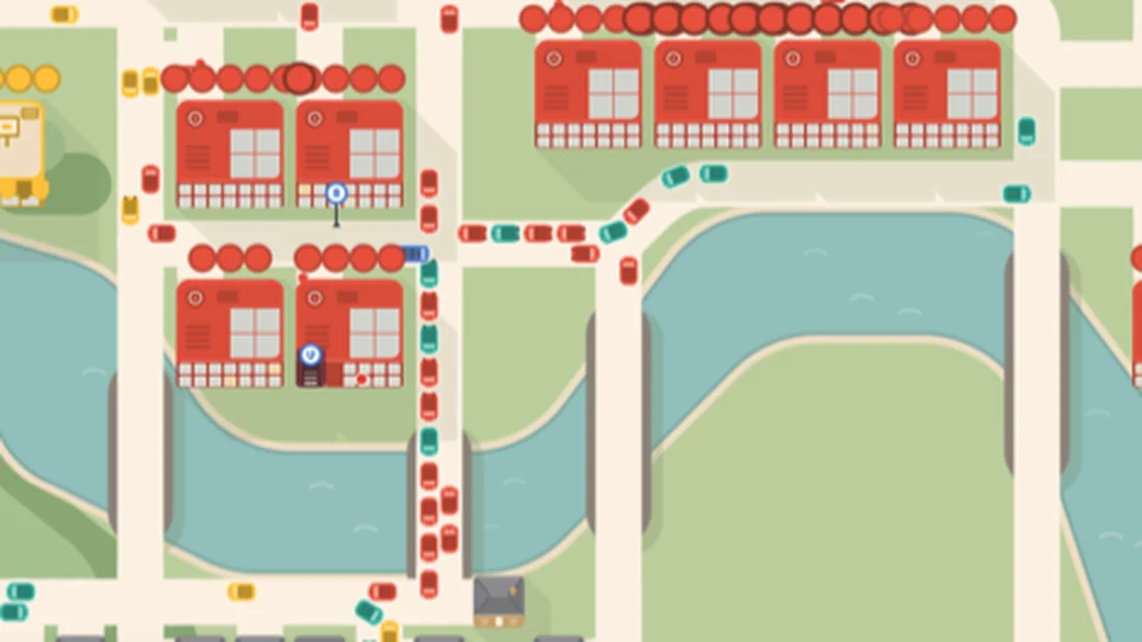 A London street in Multi Modal where every apartment block has a long row of red dots above it — passengers waiting — while cars queue nose to tail down the road and across the bridge.